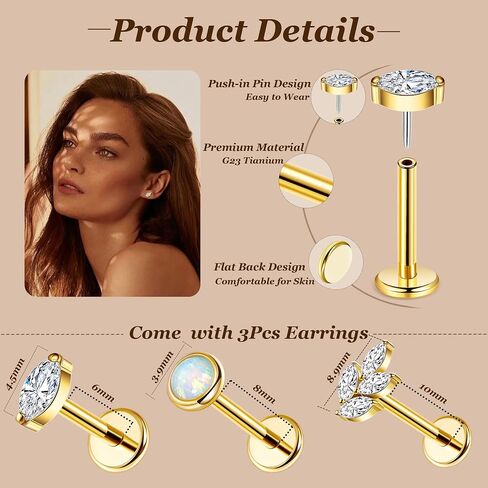 3Pcs 18G/16G G23 Titanium Threadless Push in Cartilage Stud Earrings Set for Women Hypoallergenic FlatBack Push in Earrings CZ Opal Leaf Tragus Helix Conch Piercing Jewelry in Saudi Arabia