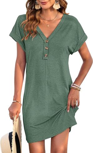 MOLERANI Women's Casual T Shirt V Neck Dress Summer Button Short Sleeve Dresses 2025 Mini Sundresses in Kuwait