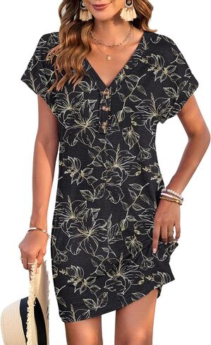 Molerani Women's Casual T Shirt v Dress Dress Bruty Summer Button Frust Sleeve Dresses 2025 Mini Sundresses in Kuwait