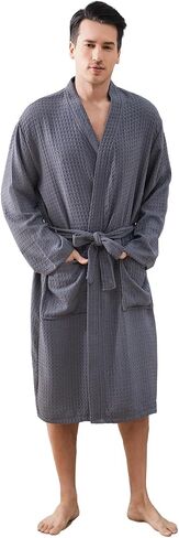 Mens Robes Waffle Lightweight Spa Knit Shawl Hotel Bathrobe Summer Soft Knee Length Sleepwear in Saudi Arabia