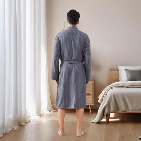 Mens Robes Waffle Lightweight Spa Knit Shawl Hotel Bathrobe Summer Soft Knee Length Sleepwear in Saudi Arabia