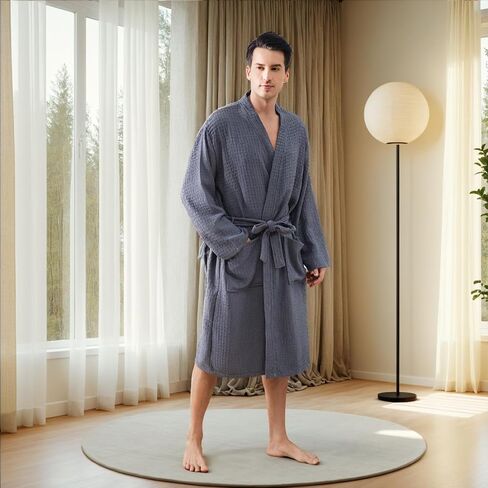 Mens Robes Waffle Lightweight Spa Knit Shawl Hotel Bathrobe Summer Soft Knee Length Sleepwear in Saudi Arabia