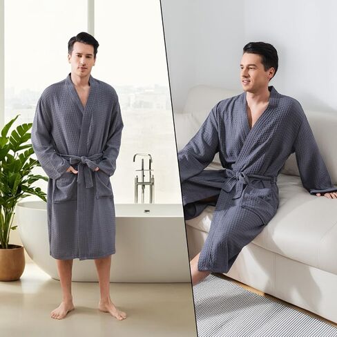 Mens Robes Waffle Lightweight Spa Knit Shawl Hotel Bathrobe Summer Soft Knee Length Sleepwear in Saudi Arabia