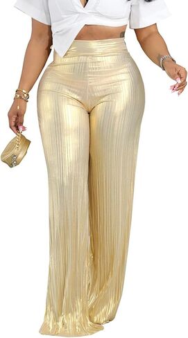 Yuopeid Women's Fashion Shiny High Waist Party Trouser Elastic Palazzo Shimmer Wide Leg Night Club Pant in Saudi Arabia