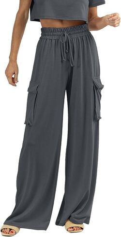 Womens Wide Leg Cargo Pants Flowy Casual Palazzo Pleated Trouser Woman Elastic High Waisted Loose Fit Lounge Pant 2025 in Saudi Arabia