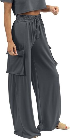 Womens Wide Leg Cargo Pants Flowy Casual Palazzo Pleated Trouser Woman Elastic High Waisted Loose Fit Lounge Pant 2025 in Saudi Arabia