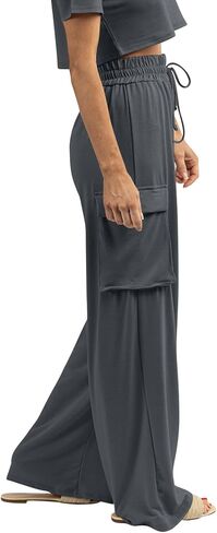 Womens Wide Leg Cargo Pants Flowy Casual Palazzo Pleated Trouser Woman Elastic High Waisted Loose Fit Lounge Pant 2025 in Saudi Arabia