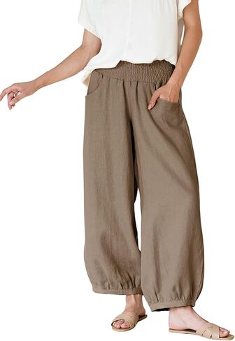 Xiaoxuemeng Womens Wide Leg Pants Cotton Cotton Banen غير الرسمي بنطلون صالة مرن مرن مع جيوب (بني-L) in Kuwait