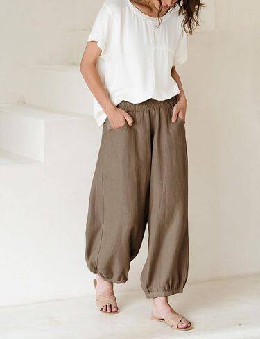 Xiaoxuemeng Womens Wide Leg Pants Cotton Cotton Banen غير الرسمي بنطلون صالة مرن مرن مع جيوب (بني-L) in Kuwait