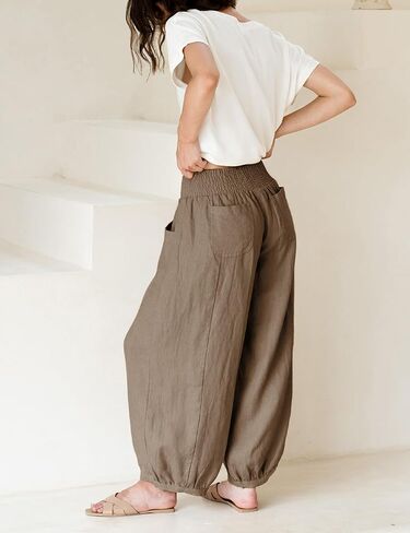 Xiaoxuemeng Womens Wide Leg Pants Cotton Cotton Banen غير الرسمي بنطلون صالة مرن مرن مع جيوب (بني-L) in Kuwait