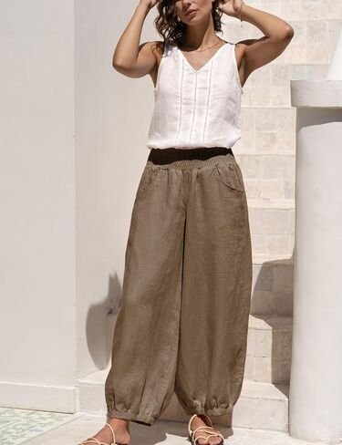 Xiaoxuemeng Womens Wide Leg Pants Cotton Cotton Banen غير الرسمي بنطلون صالة مرن مرن مع جيوب (بني-L) in Kuwait