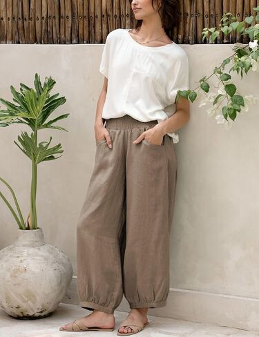 Xiaoxuemeng Womens Wide Leg Pants Cotton Cotton Banen غير الرسمي بنطلون صالة مرن مرن مع جيوب (بني-L) in Kuwait