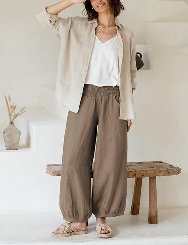 Xiaoxuemeng Womens Wide Leg Pants Cotton Cotton Banen غير الرسمي بنطلون صالة مرن مرن مع جيوب (بني-L) in Kuwait