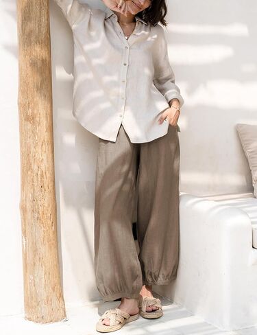 Xiaoxuemeng Womens Wide Leg Pants Cotton Cotton Banen غير الرسمي بنطلون صالة مرن مرن مع جيوب (بني-L) in Kuwait