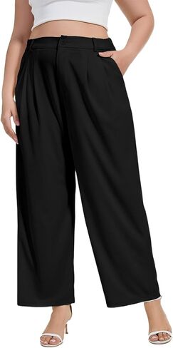 Moon Wood Women's Plus Size Wide Leg Pants High Elastic Waisted Casual Work Pants Office Business Dress Pants with Pockets in Kuwait