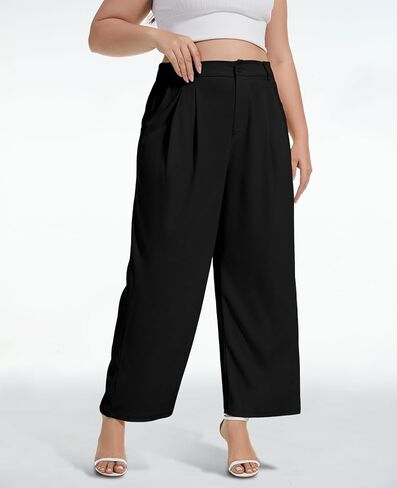 Moon Wood Women's Plus Size Wide Leg Pants High Elastic Waisted Casual Work Pants Office Business Dress Pants with Pockets in Kuwait