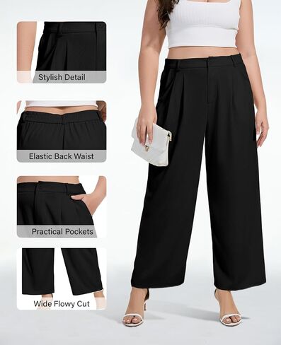 Moon Wood Women's Plus Size Wide Leg Pants High Elastic Waisted Casual Work Pants Office Business Dress Pants with Pockets in Kuwait