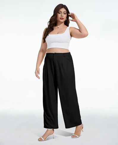 Moon Wood Women's Plus Size Wide Leg Pants High Elastic Waisted Casual Work Pants Office Business Dress Pants with Pockets in Kuwait