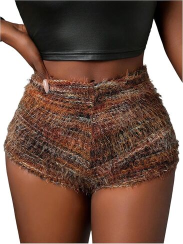 SHENHE Women's Fuzzy Striped Sweater Micro Shorts High Elastic Waist Casual Booty Hot Pants in Kuwait