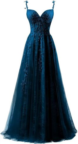 YUAOHUANG Lace Applique Tulle Prom Dresses for Women 2025 Spaghetti Straps Ball Gown Formal Evening Party Gown with Slit in Saudi Arabia