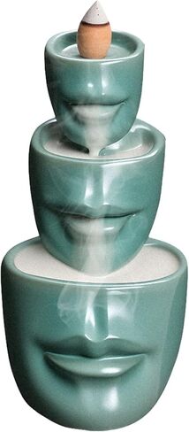 Comeon Backflow Incense Burner Holder face Handicraft Decor Resin Reverse Flow Incense Burner Censer Cone + 20 Backflow Incense Cones 30 Incense Sticks 1 Tweezer 1 Mat (Matte Green) in Saudi Arabia