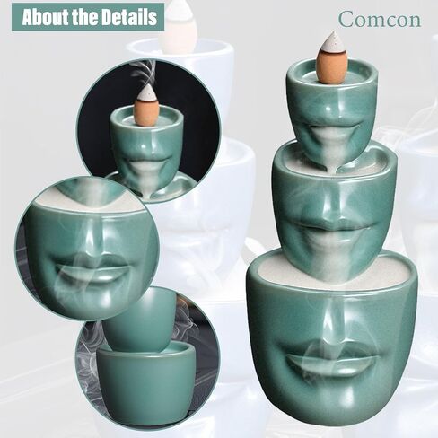 Comeon Backflow Incense Burner Holder face Handicraft Decor Resin Reverse Flow Incense Burner Censer Cone + 20 Backflow Incense Cones 30 Incense Sticks 1 Tweezer 1 Mat (Matte Green) in Saudi Arabia