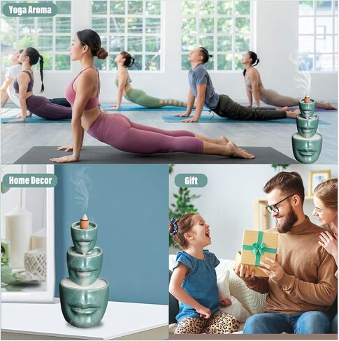 Comeon Backflow Incense Burner Holder face Handicraft Decor Resin Reverse Flow Incense Burner Censer Cone + 20 Backflow Incense Cones 30 Incense Sticks 1 Tweezer 1 Mat (Matte Green) in Saudi Arabia
