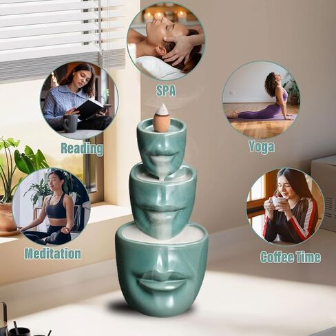 Comeon Backflow Incense Burner Holder face Handicraft Decor Resin Reverse Flow Incense Burner Censer Cone + 20 Backflow Incense Cones 30 Incense Sticks 1 Tweezer 1 Mat (Matte Green) in Saudi Arabia