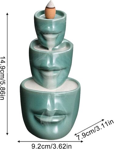 Comeon Backflow Incense Burner Holder face Handicraft Decor Resin Reverse Flow Incense Burner Censer Cone + 20 Backflow Incense Cones 30 Incense Sticks 1 Tweezer 1 Mat (Matte Green) in Saudi Arabia