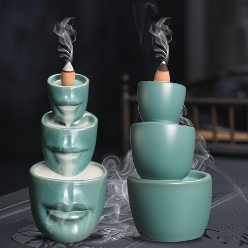 Comeon Backflow Incense Burner Holder face Handicraft Decor Resin Reverse Flow Incense Burner Censer Cone + 20 Backflow Incense Cones 30 Incense Sticks 1 Tweezer 1 Mat (Matte Green) in Saudi Arabia