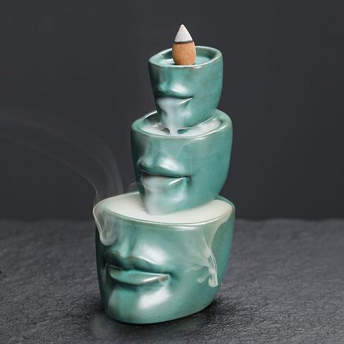 Comeon Backflow Incense Burner Holder face Handicraft Decor Resin Reverse Flow Incense Burner Censer Cone + 20 Backflow Incense Cones 30 Incense Sticks 1 Tweezer 1 Mat (Matte Green) in Saudi Arabia