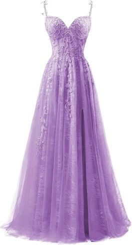 YUAOHUANG Lace Applique Tulle Prom Dresses for Women 2025 Spaghetti Straps Ball Gown Formal Evening Party Gown with Slit in Saudi Arabia