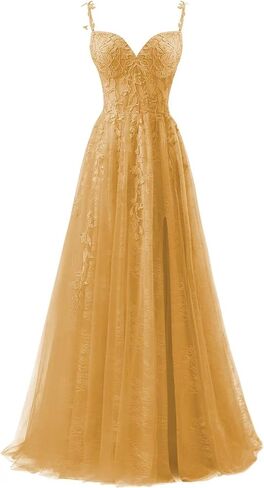 YUAOHUANG Lace Applique Tulle Prom Dresses for Women 2025 Spaghetti Straps Ball Gown Formal Evening Party Gown with Slit in Saudi Arabia