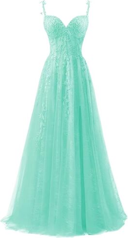 YUAOHUANG Lace Applique Tulle Prom Dresses for Women 2025 Spaghetti Straps Ball Gown Formal Evening Party Gown with Slit in Saudi Arabia