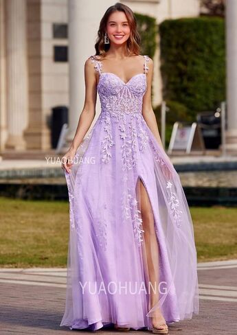 YUAOHUANG Lace Applique Tulle Prom Dresses for Women 2025 Spaghetti Straps Ball Gown Formal Evening Party Gown with Slit in Saudi Arabia