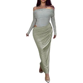 NRTHYE Women Mesh Off Shoulder Dress Sexy See Through Long Sleeve Cut Out Bodycon Elegant Ruched Maxi Dresses