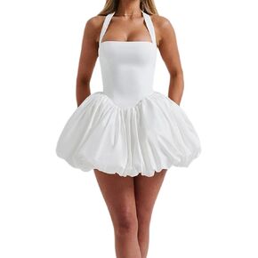 Women Y2K Halter Bubble Mini Dress Sexy Open Back Tie up Backless Corset Short Puff Dress Party Cocktail Clubwear in Kuwait