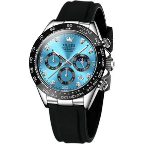 OLEVS Men Analog Quartz Waterproof Watches Multifunction Chronograph Diamond Moon Phase Luminous Silicone Band Wrist Watches