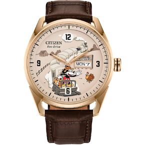 Citizen Men's Eco-Drive Hometown Mickey Mouse, Brown Leather Strap, Gold-Tone Stainless Steel Case Watch (Model: AW0088-04W)