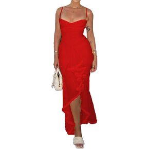 LETSVDO Women's Mesh Ruffle Maxi Dress Bodycon Ruched Corset Spaghetti Strap High Low Irregular Hem Sexy Party Dresses