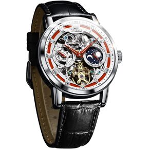 OLEVS Men Skeleton Watch Automatic Winding Moon Phase Dress Luxury Leather Strap Waterproof Luminous Men Wrist Watch