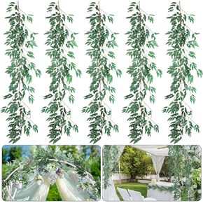 Janinka 5 Pack 6 ft Artificial Willow Leaves Garland Hanging Greenery Vine Twigs Italian Ruscus Fake Plant Faux Silk Ivy Wedding Garland for Home Farmhouse Outdoor Backdrop Table Decor(Light Green)