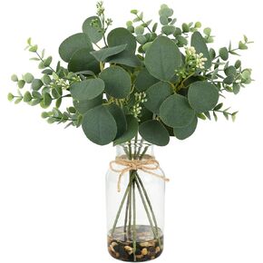 MACTING Artificial Eucalyptus Stems in Glass Vase with Faux Water Stones 14" Fake Plants Eucalyptus Leaves for Table Centerpieces Bathroom Shelf Farmhouse Wedding Indoor Home Decorations