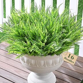 Waipfaru 16 Bundles Fake Ferns, Artificial Boston Ferns for Outdoor, Faux Plants for Outdoors UV Resistant, Artificial Plants for Home Garden Spring Summer Decor