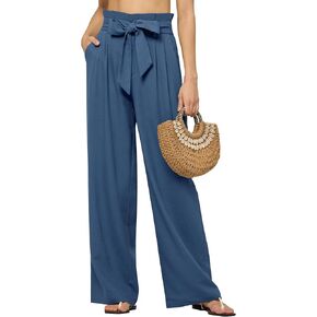 Women Linen Pants 2025 Paperbag Wide Leg Dress Pants High Waisted Work Slacks Tie Knot with Pockets 28"/30"/ 32"