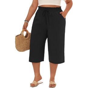 Neer Plus Size Linen Linen Capri Baggy Wide Pant Pant غير الرسمي صالة الرباط عالية الخصر مع جيوب