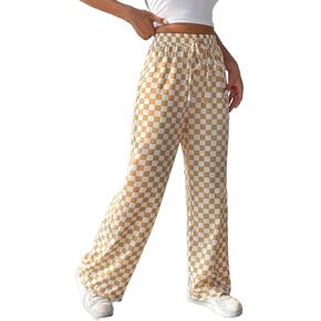Women's Casual Checkered Pants Drawstring Elastic Waist Comfy Loose Straight Wide Leg Plaid Pants with Pockets