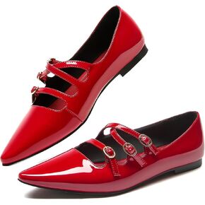CouieCuies Women's Mary Jane Flats Ballet Shoes with Buckle Dressy Comfortable Mary Janes Pointed Toe Flats Adjustable Strap Leather