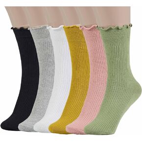 Ruffle Socks Women Turn-Cuff Casual Crew Frilly Socks Lightweight Cotton Socks 6 Pack