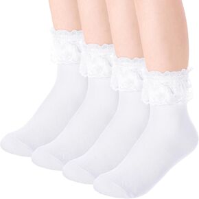 2 Pairs White Lace Socks Ruffle Lace Cotton Frilly Socks Women Frilly Sock Cute Lolita Princess Tutu Sock Comfortable Ruffled Sockses with Laces for Women Girls
